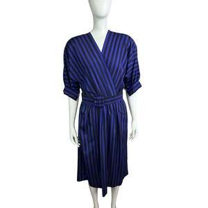 Vintage Liz Claiborne 80s Purple and Black Striped Belted Midi Dress Size 6